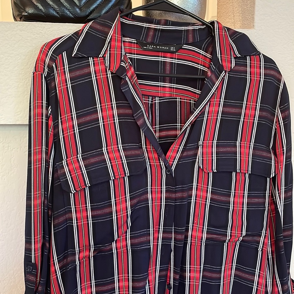 ZARA blouse shirt size s nice silky material plaid - Picture 4 of 14